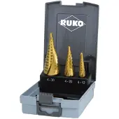 RUKO Juego de brocas escalonadas , tamaño 0 / 9,1,2, HSS-TiN, 3 piezas, en estuche de plástico - 101026TRO