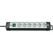 Brennenstuhl Regleta de enchufes Premium-Line, 6 enchufes, color negro/gris claro, cable de 3 metros, tipo H05VV-F, 3G1,5, referencia 1951560100