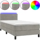 Syfax Cama box spring colchón y LED terciopelo gris claro 100x200 cm