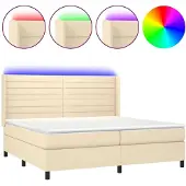 Syfax Cama box spring colchón y luces LED tela crema 200x200 cm