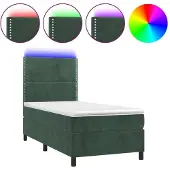 Syfax Cama box spring colchón y LED terciopelo verde oscuro 100x200cm