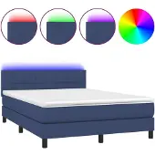Syfax Cama box spring colchón y luces LED tela azul 140x200 cm