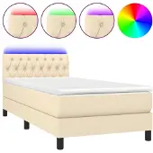 Syfax Cama box spring colchón y luces LED tela crema 90x200 cm