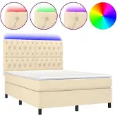 Syfax Cama box spring colchón y luces LED tela crema 140x190 cm