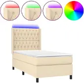 Syfax Cama box spring colchón y luces LED tela crema 100x200 cm