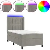 Syfax Cama box spring colchón y LED terciopelo gris claro 90x200 cm