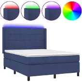 Syfax Cama box spring colchón y luces LED tela azul 140x200 cm