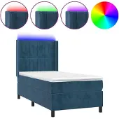 Syfax Cama box spring colchón y LED terciopelo azul oscuro 90x200 cm