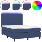 Syfax Cama box spring colchón y luces LED tela azul 140x190 cm