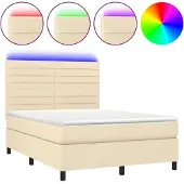 Syfax Cama box spring colchón y luces LED tela crema 140x190 cm