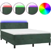 Syfax Cama box spring colchón y LED terciopelo verde oscuro 140x200cm