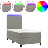Syfax Cama box spring colchón y LED terciopelo gris claro 90x190 cm