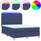 Syfax Cama box spring colchón y luces LED tela azul 140x200 cm