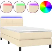 Syfax Cama box spring colchón y luces LED tela crema 90x200 cm