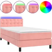Syfax Cama box spring colchón y LED terciopelo rosa 80x200 cm
