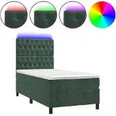 Syfax Cama box spring colchón y LED terciopelo verde oscuro 100x200cm