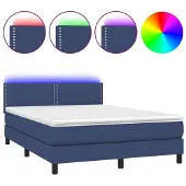 Syfax Cama box spring colchón y luces LED tela azul 140x200 cm