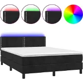 Syfax Cama box spring colchón y LED terciopelo negro 140x190 cm