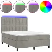 Syfax Cama box spring colchón y LED terciopelo gris claro 140x190 cm