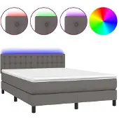 Syfax Cama box spring colchón y LED cuero sintético gris 140x200 cm