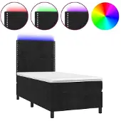 Syfax Cama box spring colchón y LED terciopelo negro 90x190 cm