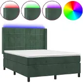 Syfax Cama box spring colchón y LED terciopelo verde oscuro 140x190cm