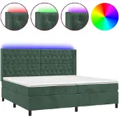Syfax Cama box spring colchón y LED terciopelo verde oscuro 200x200cm