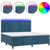 Syfax Cama box spring colchón y LED terciopelo azul oscuro 200x200 cm