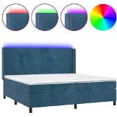 Syfax Cama box spring colchón y LED terciopelo azul oscuro 200x200 cm