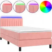 Syfax Cama box spring colchón y LED terciopelo rosa 100x200 cm