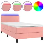 Syfax Cama box spring colchón y LED terciopelo rosa 100x200 cm