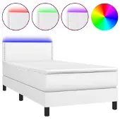 Syfax Cama box spring colchón y LED cuero sintético blanco 100x200 cm
