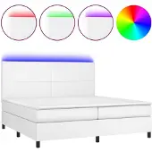 Syfax Cama box spring colchón y LED cuero sintético blanco 200x200 cm
