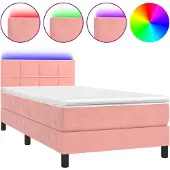 Syfax Cama box spring colchón y LED terciopelo rosa 100x200 cm