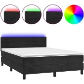 Syfax Cama box spring colchón y LED terciopelo negro 140x200 cm
