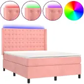 Syfax Cama box spring colchón y LED terciopelo rosa 140x190 cm