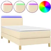 Syfax Cama box spring colchón y luces LED tela crema 100x200 cm