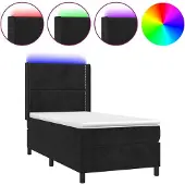 Syfax Cama box spring colchón y LED terciopelo negro 90x190 cm