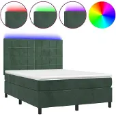 Syfax Cama box spring colchón y LED terciopelo verde oscuro 140x190cm