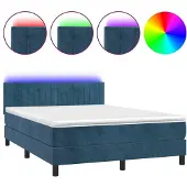 Syfax Cama box spring colchón y LED terciopelo azul oscuro 140x200 cm