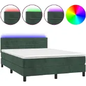 Syfax Cama box spring colchón y LED terciopelo verde oscuro 140x190cm