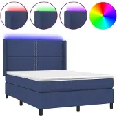 Syfax Cama box spring colchón y luces LED tela azul 140x200 cm