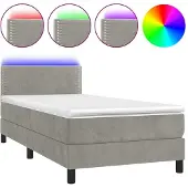 Syfax Cama box spring colchón y LED terciopelo gris claro 100x200 cm
