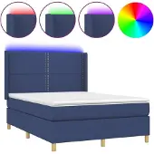 Syfax Cama box spring colchón y luces LED tela azul 140x190 cm