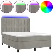 Syfax Cama box spring colchón y LED terciopelo gris claro 140x200 cm