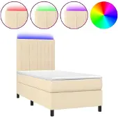 Syfax Cama box spring colchón y luces LED tela crema 90x200 cm