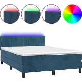 Syfax Cama box spring colchón y LED terciopelo azul oscuro 140x190 cm