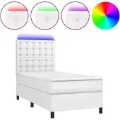 Syfax Cama box spring y colchón LED cuero sintético blanco 90x200 cm