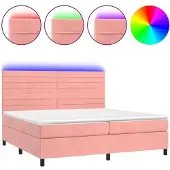 Syfax Cama box spring colchón y LED terciopelo rosa 200x200 cm