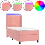 Syfax Cama box spring colchón y LED terciopelo rosa 100x200 cm